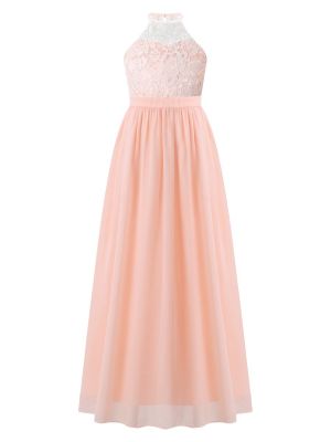 iEFiEL Kids Girls Elegant Lace Patchwork Chiffon Dress Halter Neck High Waist Wedding Party Maxi Dress