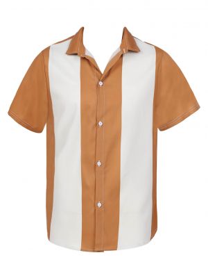 iEFiEL Mens Color Block Striped Shirt Casual Turn-Down Collar Short Sleeve Button Down Shirts Tops