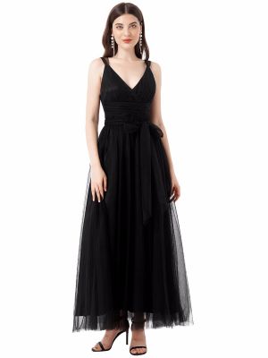 iEFiEL Women Tulle Wedding Bridesmaid Maxi Dress V Neck Pleated High Waist Cocktail Party Long Dress