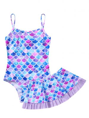 iEFiEL Big Girls 2Pcs Swimsuit Sleeveless Fish Scales Print Jumpsuit with Skirt Set Bathing Swimwear