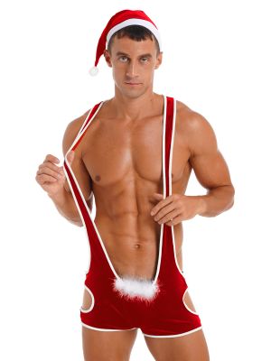 iEFiEL Mens Christmas Singlet Velvet Cutout Bodysuit Feather Trimming Bulge Pouch Jumpsuits with Hat