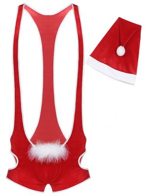 iEFiEL Mens Christmas Singlet Velvet Cutout Bodysuit Feather Trimming Bulge Pouch Jumpsuits with Hat