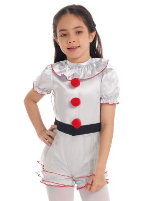 iEFiEL Kids Girls Halloween Clown Cosplay Costume V Neck Short Sleeves Pompoms Jumpsuit with Mesh Hem