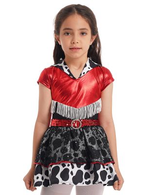 iEFiEL Kids Girls Dress Up Costume Lapel Collar Tassels Sequins Sash Adorned Dress with Arm Sleeves Set