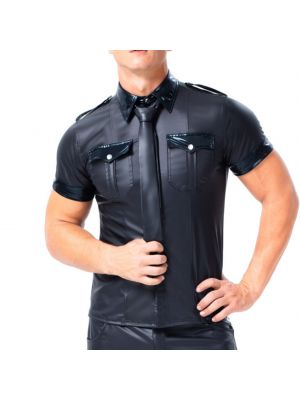 iEFiEL Mens Faux Leather Button Down Shirt Short Sleeve Policeman Role Play Uniform Tops Club Costume