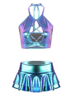 iEFiEL Womens Metallic Outfit Set Front Hollow Out Backless Crop Top Camisole with Double Layered Mini Skirt