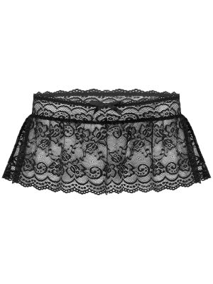 iEFiEL Men Sissy Lingerie See-through Lace Ruffle Skirt Nightwear Low Waist Bowknot Flower Pattern Miniskirt