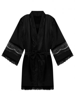 iEFiEL Men's Satin Long Sleeve Kimono Bathrobe Lace Patchwork Belted Night-robe Sleepwear 