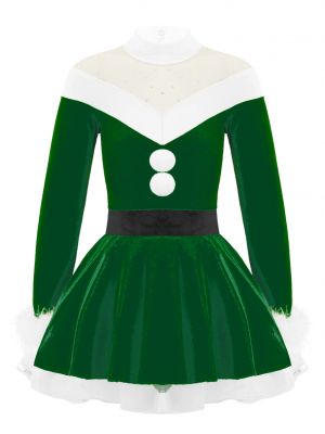 iEFiEL Kids Girls Long Sleeves Christmas Dance Dress Stand Collar Pompoms Adorned Velvet Bodysuit Dress Costume
