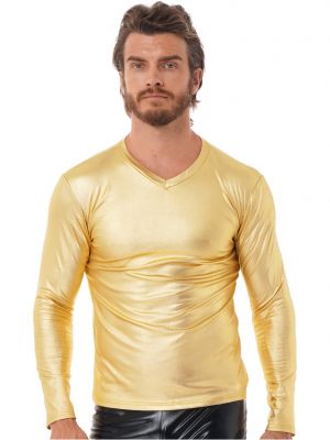 iEFiEL Mens Glossy Faux Leather T-shirt Metallic Long Sleeve Slim Fit Tops for Nightclub Party Performance