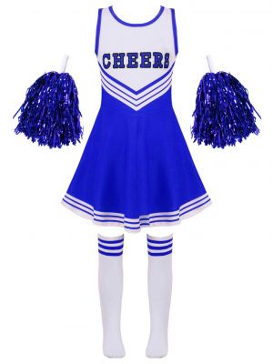iEFiEL Kids Girls Cheerleading Uniform Set Sleeveless Patchwork Style Dance Dress with Cheerleading Flowers Socks