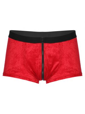 iEFiEL Men Velvet Christmas Boxer Briefs Elastic Waistband Zipper Bulge Pouch Shorts Underwear Red