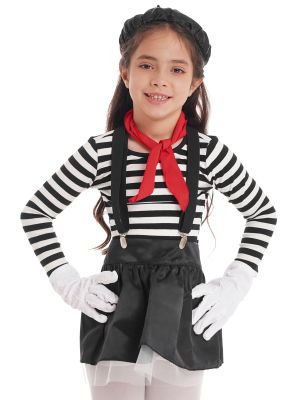 iEFiEL Kids Girls Halloween Mime Costume Stripes Tops with Detachable Suspenders Skirt Scarf Beret Hat Gloves Set