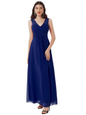 iEFiEL Women Chiffon Lace Patchwork Dress V Neck Built-in Bra Ruched Bridesmaid Evening Party Dress