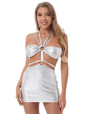 iEFiEL Womens One-piece Shiny Strappy Cutout Dress Metallic Halter Hollow Out Dresses Clubwear