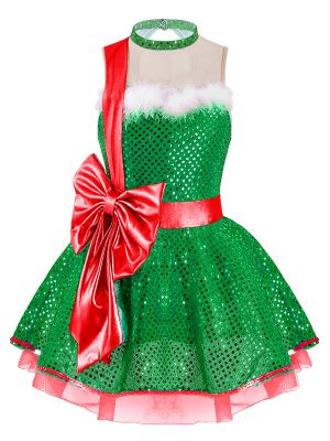 iEFiEL Kids Girls Shiny Sequins Christmas Dance Dress Santa Claus Costumes Ballet Tutu Dress Figure Ice Skating Dress