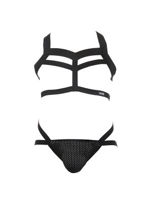 iEFiEL Mens Two-piece Lingerie Set Shoulder Chest Harness Belt Crop Top with Bulge Pouch Thongs