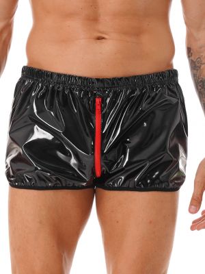 iEFiEL Mens Nightclub Pole Dancing Costume Wet Look Patent Leather Shorts Zipper Crotch Short Pants