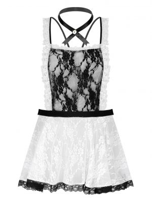 iEFiEL Mens Sissy See-through Floral Lace Apron Dress Maid Outfit Crossdressing Lingerie Costume