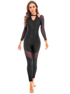 iEFiEL Womens See-through Mesh Long Sleeve Leotard Backless Bodysuit Skinny Jumpsuit for Dance Yoga Gymnastics