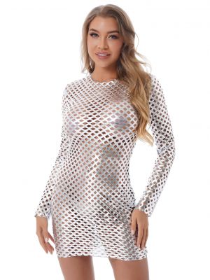 iEFiEL Womens Metallic Hollow Out Bodycon Dress Long Sleeve Mini Dresses for Club Show