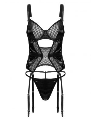 iEFiEL Womens Mesh Patchwork Two-piece Lingerie Set Patent Leather Outfit Camisole with T-back Underwear 