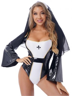 iEFiEL Womens Halloween Nun Cosplay Costume Wetlook Patent Leather Flare Sleeve Bodysuit Catsuit with Headwear 