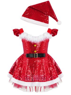iEFiEL Toddler Baby Girls Christmas Costume Sequins Faux Fur Adorned High Waist Dress with Hat