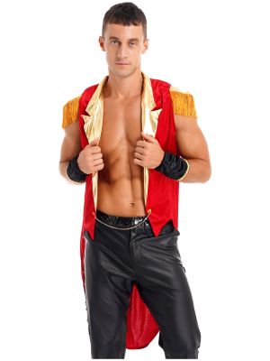 iEFiEL Mens Notched Collar Sleeveless Velvet Swallow-tailed Coat with Cuffs for Halloween Circus Showman Role Play