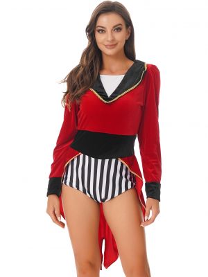 iEFiEL Womens Halloween Circus Showman Costume Long Sleeve Velvet Bodysuit Patchwork Tailcoat
