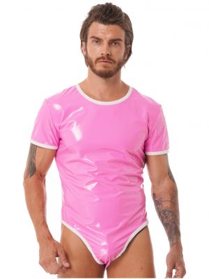 iEFiEL Mens Patent Leather Bodysuit Wet Look Short Sleeve Leotard for Nightclub Stage Performance