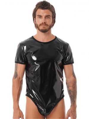 iEFiEL Mens Patent Leather Bodysuit Wet Look Short Sleeve Leotard for Nightclub Stage Performance