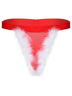 iEFiEL Men Sissy Low Waist Bulge Pouch Thongs Christmas Feather Trimming See-through Mesh T-back Underwear 