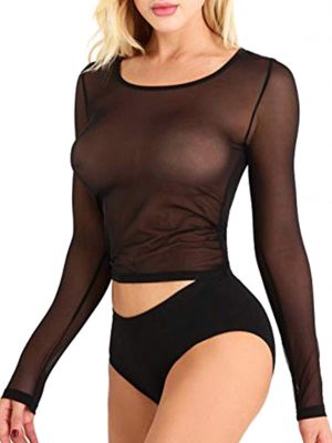 iEFiEL Womens Long Sleeve Sheer Mesh T-shirt See-through Slim Fit Crop Top Undershirt Clubwear