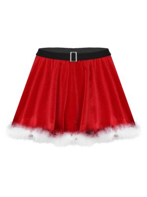 Men Sissy Velvet Feather Trimming Skirt Nightwear Christmas Costume