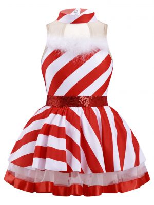 iEFiEL Big Little Girls Christmas Costume Sleeveless Keyhole Back Mesh Patchwork Stripes Print Dress
