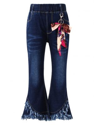 iEFiEL Kids Girls Bowknot Decor Denim Long Pants Elastic Waistband Tassel Hem Bell-bottom Style Pants