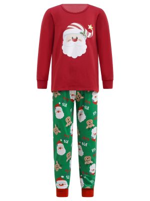 iEFiEL Kids Unisex Long Sleeves Sleepwear Cartoon Santa Claus Print Tops and Pants Pajama Set