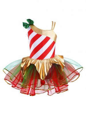 iEFiEL Kids Girls Christmas Carnival Cosplay Costume Asymmetrical Shoulder Sequins Mesh Bodysuit Dress 
