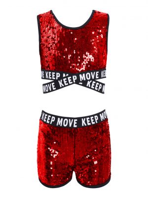 iEFiEL Kids Girls Sparkling Sequins Dance Outfit Set Sleeveless Crop Top with Elastic Waistband Shorts