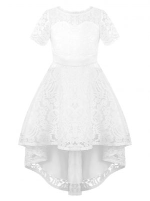 iEFiEL Girls Solid Floral Lace Party Dress Short Sleeve Hi-Low Hem A-Line Dress for Birthday Performance
