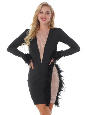 iEFiEL Womens Deep V Neck Mesh Feather Patchwork Bodycon Mini Dress for Club Halloween Party