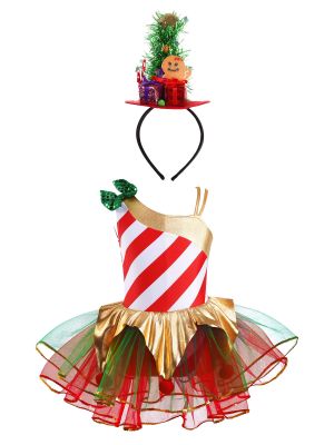 iEFiEL Kids Girls Carnival Costume Asymmetrical Shoulder Stripes Sequins Adorned Mesh Leotard Dress with Headband Hair Hoop