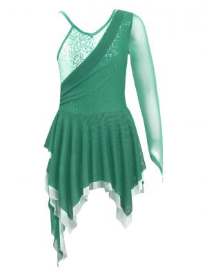 iEFiEL Kids Girls Dance Outfit Long Sleeve Sequins Mesh Irregular Hem Dance Dress
