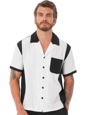 iEFiEL Mens Color Block Short Sleeve Tops Casual Notched Collar Button Shirt with Pocket