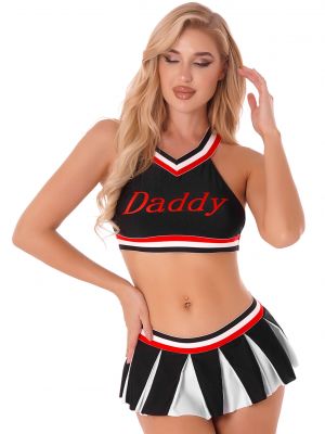 iEFiEL Womens Two Piece Cheerleading Outfit Cosplay Costume V Neck Letter Printed Crop Top with Pleated Miniskirt