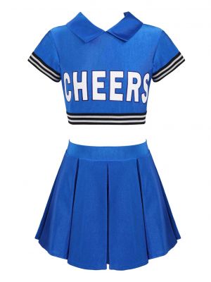 iEFiEL Girls Cheerleading Dance Clothes Short Sleeve Turndown Collar Zippered Crop Top with Pleated Skirt Outfit Set