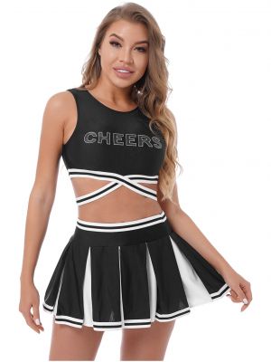 iEFiEL Womens Cheerleading Uniform Dance Performance Outfit Letter Printing Crop Top with Color Block Pleated Skirt