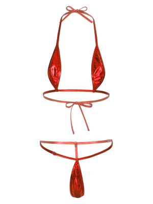 Women 2pcs Glossy Micro Bikini Set Bra Top with G-string Thong Lingerie Suit 