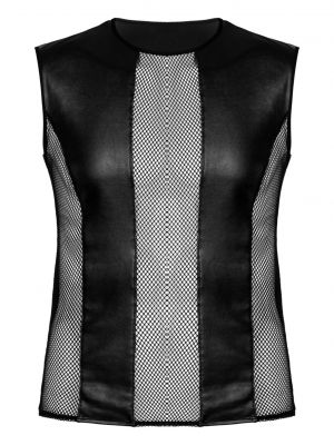 iEFiEL Mens See-through Fishnet Patchwork T-shirt Faux Leather Hollow Out Sleeveless Vest Clubwear